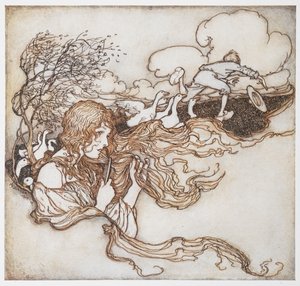Ilustración de una niña cepillándose el pelo con gansos y un niño de fondo, de The Goosegirl. de Arthur Rackham
