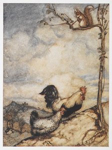 Ilustración de una gallina, un gallo y una ardilla de Las aventuras de Chanticleer y Partlet.