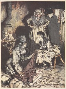 Una familia anciana dentro de su casa con un hombre ofreciéndoles cortinas de Arthur Rackham