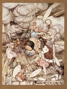 Una cacerola inusualmente grande voló cerca de él y casi se lo lleva, de Las aventuras de Alicia en el país de las maravillas, por Lewis Carroll, pub. 1907 de Arthur Rackham