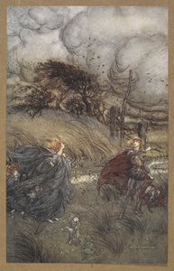 Y ahora nunca se encuentran en el bosque o en el verde, junto a la fuente clara, o a la luz de las estrellas, sino que se cuadran".
Una escena de "Sueño de una noche de verano". de Arthur Rackham
