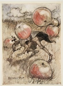 Manzanas cayeron sobre mis oídos, de Los viajes de Gulliver por Jonathon Swift (1667 - 1745), pub. 1909 de Arthur Rackham