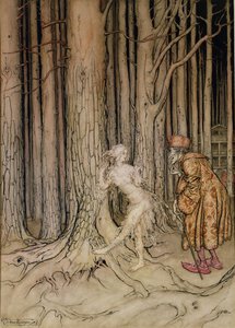 Finalmente conoció al novio que volvía lentamente, ilustración de Fitchers Bird, de Little Brother, Little Sister, por los Hermanos Grimm, 1917 de Arthur Rackham