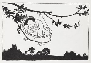 Bebé en cuna colgado de una rama. de Arthur Rackham