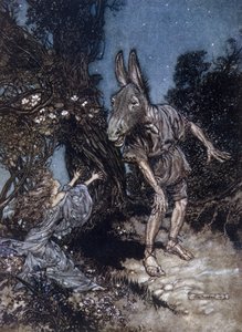 Bottom el hombre con cabeza de burro y Titania la reina de las hadas. Ilustración de Arthur Rackham para El sueño de una noche de verano de William Shakespeare de Arthur Rackham