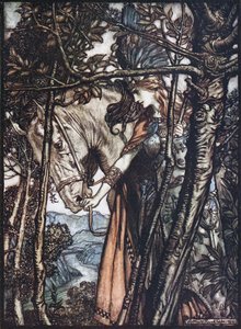 Brünnhilde lleva a su caballo por la brida. Ilustración para El oro del Rin y La valquiria de Richa