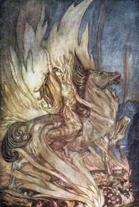 Brünnhilde en Grane salta a la pira funeraria de Sigfrido. Ilustración para Sigfrido y El Crepúsculo de los Dioses de Arthur Rackham