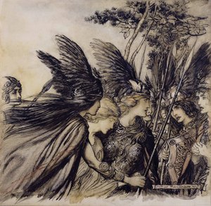 Brunilda Implora a las Valquirias, Ilustración de El Oro del Rin y la Valquiria, por Richard Wagner, edición publicada en 1910 de Arthur Rackham