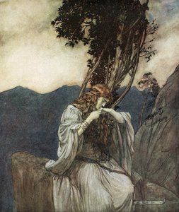 Brunilda besa el anillo que Siegfried le ha dejado de Arthur Rackham