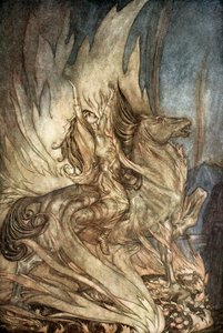 Brunilda en Grane salta a la pira funeraria de Sigfrido, 1924 de Arthur Rackham