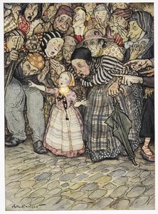 "Pero si no lleva nada puesto", dijo un niño pequeño. Ilustración en color del cuento "El traje nuevo del emperador".
