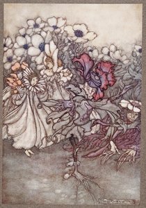 Pero si miras, y temen que no haya tiempo para esconderse, se quedan quietos fingiendo ser flores, de Peter Pan en los Jardines de Kensington de J M Barrie, pub. 1906 de Arthur Rackham