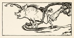 Carl atrapando un jabalí para su cena de El Carl del abrigo drab en Cuentos de hadas irlandeses de Arthur Rackham