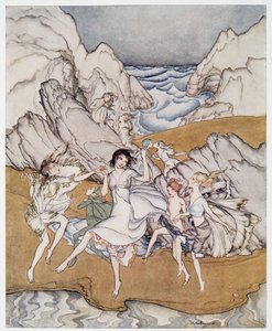 Venid a estas arenas amarillas, ilustración de La Tempestad de William Shakespeare, pub. 1926 de Arthur Rackham