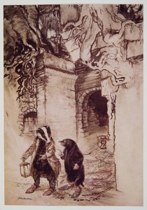 Cruzando el vestíbulo, pasaron por uno de los túneles principales, de El viento en los sauces de Kenneth Grahame (1859 - 1932), pub. 1940 de Arthur Rackham