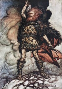 Donner, tu señor, convoca a sus huestes! Ilustración para El oro del Rin y La Valquiria de Richard W de Arthur Rackham