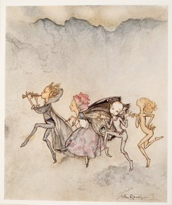 Cada uno, saltando en la punta de su pie, estará aquí con mopa y mueca, ilustración de La Tempestad de William Shakespeare, pub. 1926