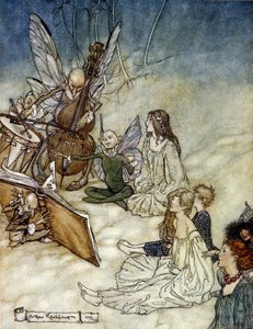 Duendes tocando música. Ilustración de Arthur Rackham para El sueño de una noche de verano de William Shakespeare de Arthur Rackham