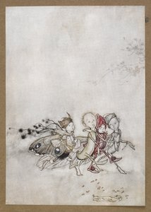Entre la flor de la paz, la telaraña, la polilla y la semilla de mostaza".
Una escena de "Sueño de una noche de verano". de Arthur Rackham