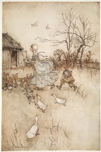 Equipado con un par de pantalones viejos de su padre que tenía que sostener tanto como una dama fina sostiene su tren en mal tiempo., de Rip Van Winkle por Washington Irving, pub. 1910 de Arthur Rackham