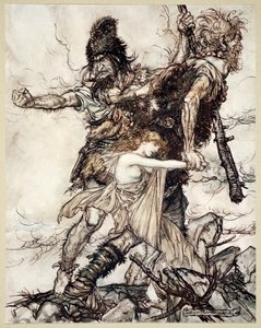 Fasolt de repente agarra a Freia y la arrastra a un lado con Fafner, 1910 de Arthur Rackham