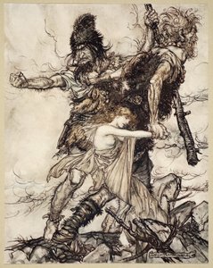 Fasolt de repente agarra a Freia y la arrastra a un lado con Fafner, ilustración de 