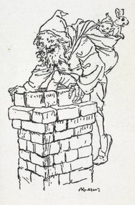 Papá Noel bajando por una chimenea con un saco de regalos de Arthur Rackham