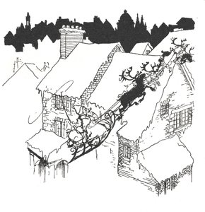Papá Noel en su trineo sobrevolando tejados nevados de Arthur Rackham