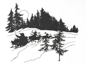 Papá Noel recorriendo un bosque nevado en su trineo de Arthur Rackham