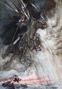 Furiosamente Wotan cabalga hacia la roca. Ilustración para El oro del Rin y La valquiria de Richard de Arthur Rackham