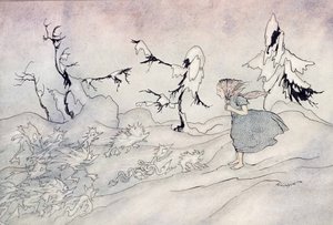 Gerda está aterrorizada por la guardia avanzada de la Reina de las Nieves, pero dijo Nuestro Padre y es rescatada por pequeños ángeles brillantes, ilustración de La Reina de las Nieves de Hans Christian Andersen, publicada en 1932 de Arthur Rackham