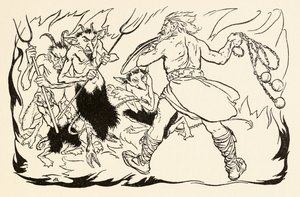 Goll mac Morna asaltando el infierno para rescatar a Fionn y los Fianna-Finn de La pequeña pelea en Allen en Cuentos de hadas irlandeses de Arthur Rackham
