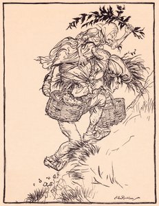 Gimiendo continuamente, subió a la montaña. Ilustración de Arthur Rackham del cuento de Grimm La gansa en el pozo.