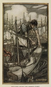 Gulliver captura la flota enemiga, Ilustración de Los viajes de Gulliver de Jonathan Swift, por Arthur Rackham. de Arthur Rackham