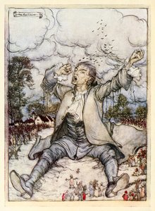 Gulliver liberado de las cuerdas se levanta y se estira, de la Parte I: Un viaje a Lilliput en Los viajes de Gulliver de Jonathan Swift