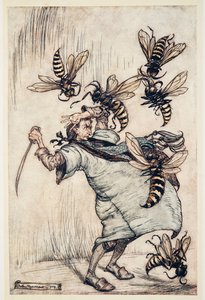 El combate de Gulliver con las avispas, de Los viajes de Gulliver de Jonathan Swift (1667 - 1745), pub. 1909 de Arthur Rackham