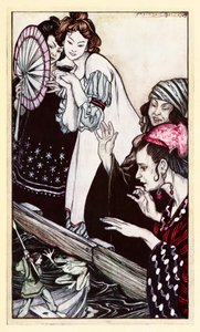 Encuentro de Gulliver con la rana, de la Parte II: Un viaje a Brobdingnag en Los viajes de Gulliver de Jonathan Swift de Arthur Rackham