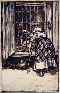 Hansel sacó un hueso de nudillo, y la anciana, cuyos ojos estaban nublados, no pudo ver y pensó que era su dedo, y se sorprendió mucho de que no engordara, de Los cuentos de hadas de los hermanos Grimm, pub. 1909