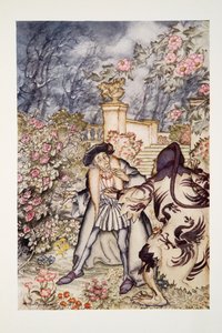 Oyó un fuerte ruido y vio venir hacia él una bestia tan espantosa que estuvo a punto de desmayarse de miedo, de The Arthur Rackham Fairy Book, pub. 1933 de Arthur Rackham