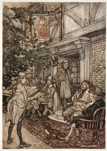 Solía consolarse frecuentando una especie de club perpetuo de sabios, filósofos y otras personas ociosas, que celebraba sus sesiones frente a una pequeña posada., de Rip Van Winkle de Washington Irving de Arthur Rackham