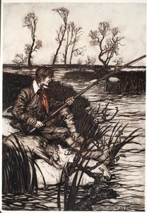 Se sentaba en una roca mojada y pescaba todo el día., de Rip Van Winkle de Washington Irving, pub. 1910