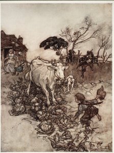 Su vaca se extraviaba o se metía entre las coles., de Rip Van Winkle de Washington Irving, pub. 1910 de Arthur Rackham