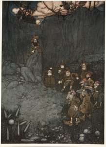 Su padre los había visto en sus viejos trajes holandeses jugando a los bolos., de Rip Van Winkle por Washington Irving, pub. 1910