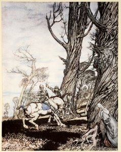Cómo Sir Launcelot mató al caballero Sir Peris de Forest Savage que oprimía a damas, damiselas y mujeres nobles, ilustración de 