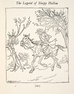 Ichabod Crane escapando del Jinete Sin Cabeza, de La leyenda de Sleepy Hollow de Washington Irving (1783 - 1859), pub. 1928 de Arthur Rackham