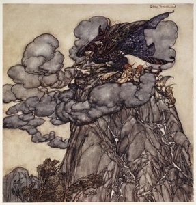 Si se disgustaba, preparaba nubes negras como la tinta, sentada en medio de ellas como una araña barrigona en medio de su telaraña; cuando estas nubes se rompían, ¡ay de los valles!, de Rip Van Winkle de Arthur Rackham