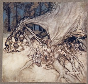 Si las malas entre las hadas están fuera, de Peter Pan en los Jardines de Kensington de J M Barrie, pub. 1906 de Arthur Rackham