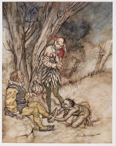 Besaré tu pie: Juraré ser tu súbdito, ilustración de La Tempestad de William Shakespeare, pub. 1926 de Arthur Rackham