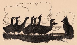 Ilustración de Arthur Rackham del cuento de hadas de Grimm, El zorro y los gansos. de Arthur Rackham