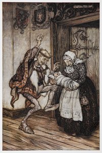 Ilustración de Briar Rose de unos ancianos reyes y su bebé.